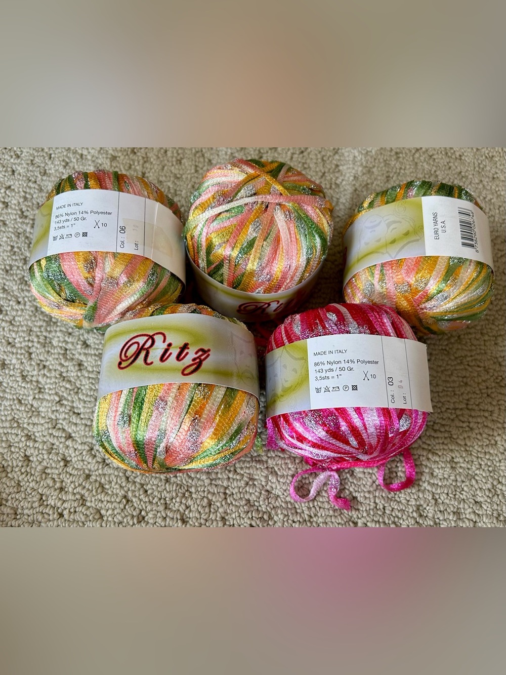 5 balls Ritz  Multicolor Shimmer Ribbon Yarn - Pastel & Pink Mix Made in Italy!
